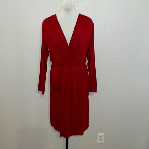 Fraiche by J Red V-Neck Long Sleeve Faux Wrap Stretch Knit Dress - Picture 3 of 11